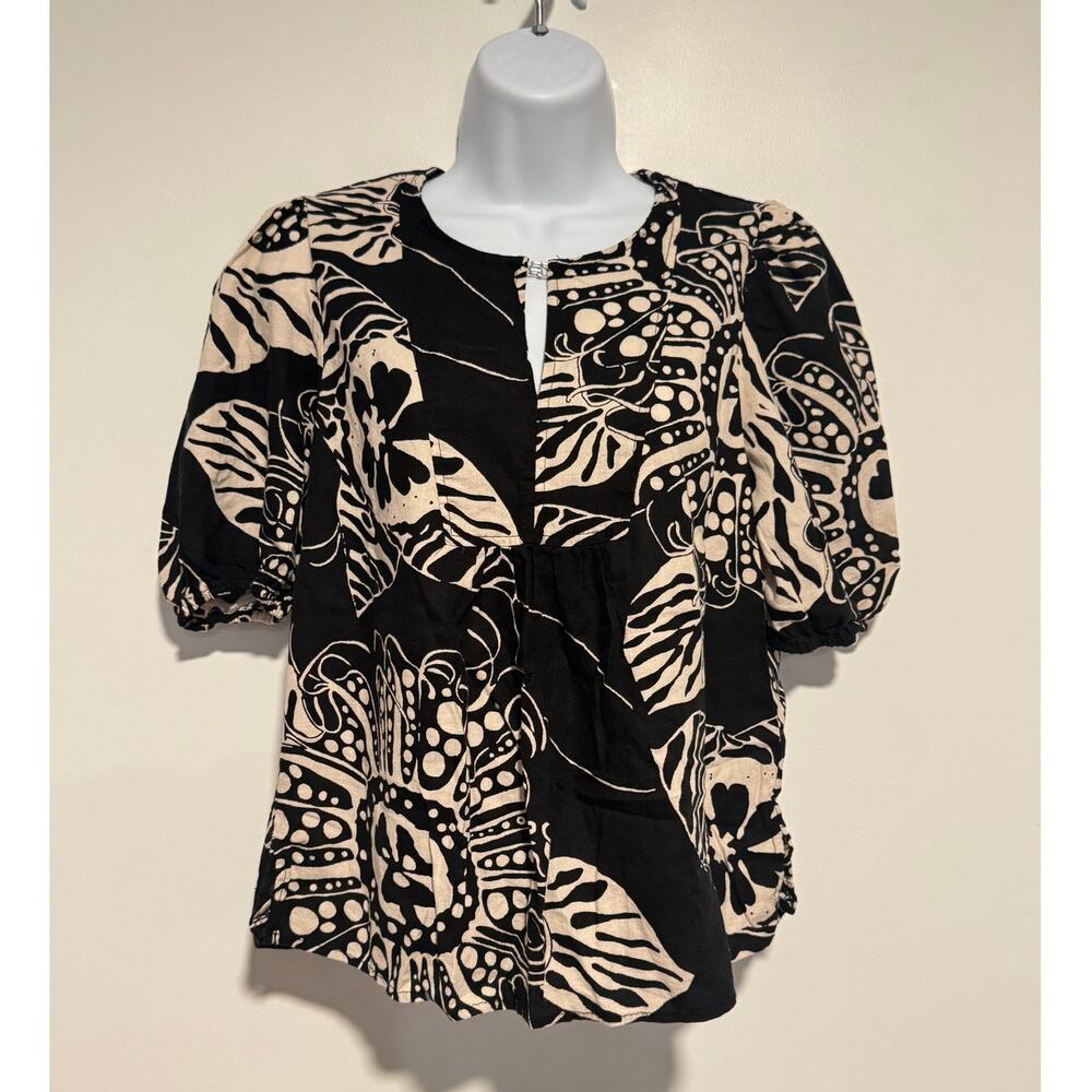 Christian Siriano Blouse M Linen Rayon Puff Sleeve Floral Black Cream Top Size M